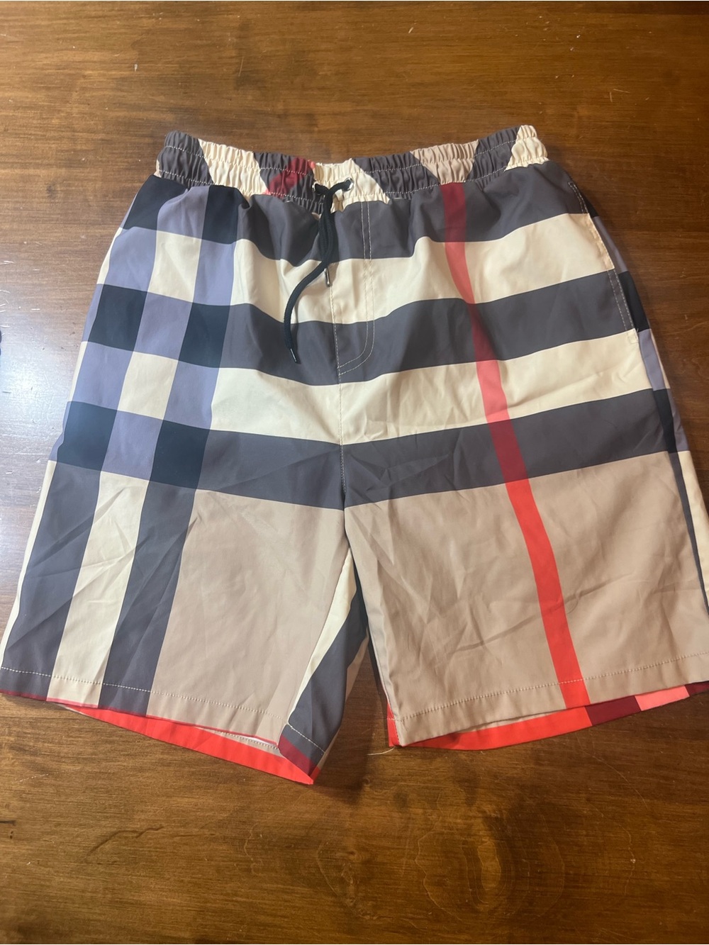 Burberry Plaid Swim Trunks in Beige, Black & Red